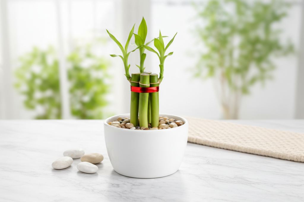 Lucky Bamboo – White Pot & Pebbles(Set of 1–9 Stalks | 1–3 Layers )