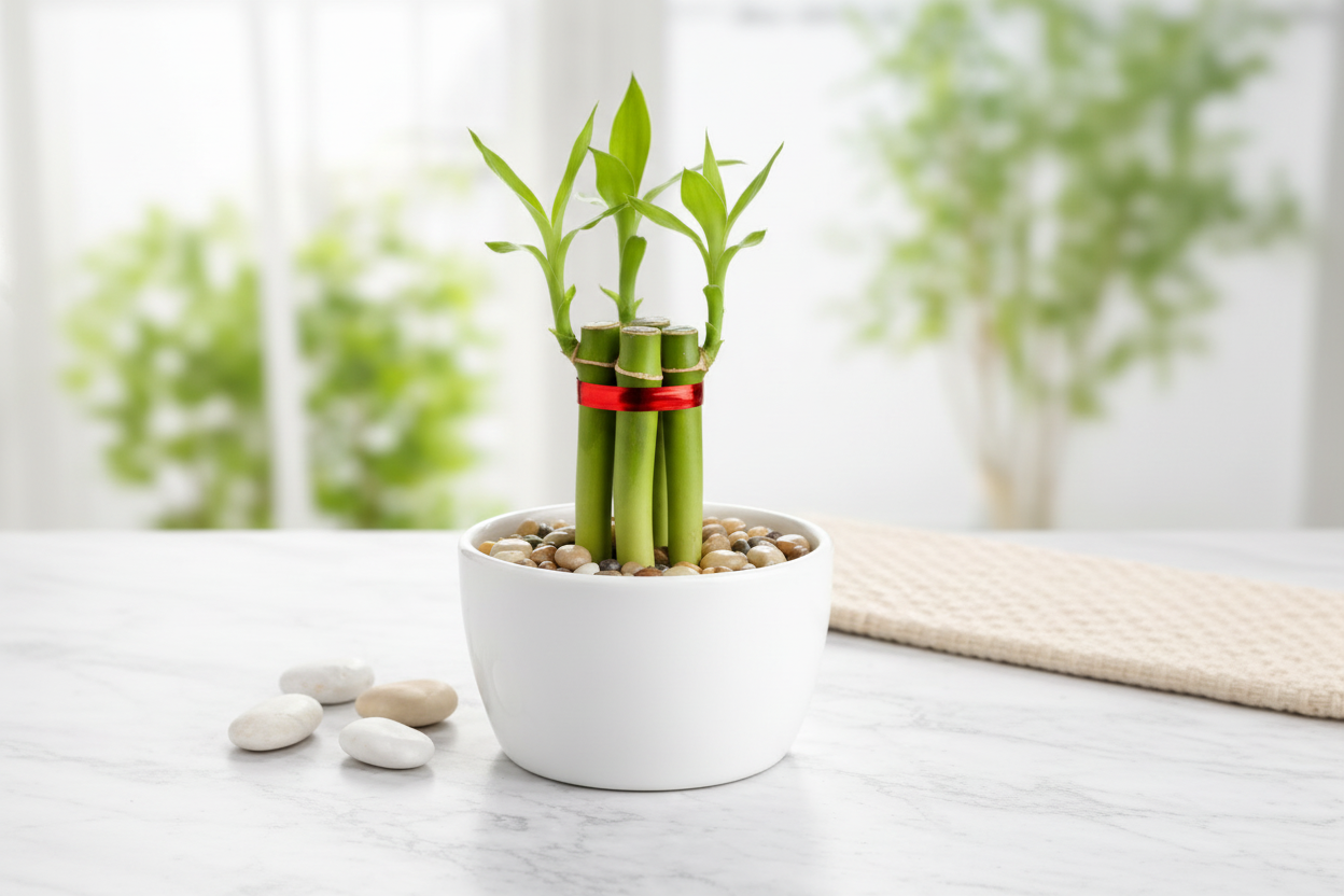 Lucky Bamboo - 3 Stalks with White Pot & Pebbles | Happiness, Wealth & Long Life