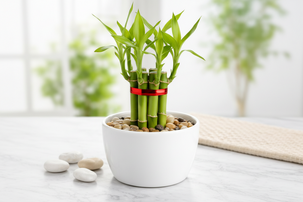 Lucky Bamboo – White Pot & Pebbles(Set of 1–9 Stalks | 1–3 Layers )