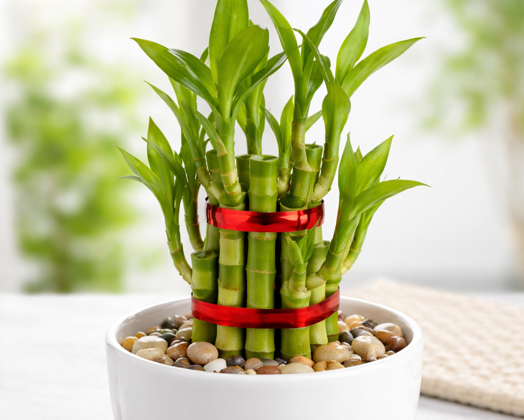 Lucky Bamboo – White Pot & Pebbles(Set of 1–9 Stalks | 1–3 Layers )
