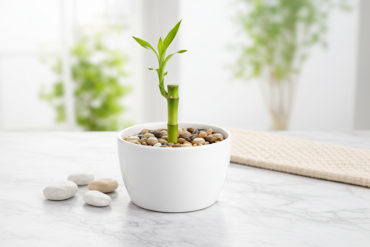 Lucky Bamboo - 1 Stalk with White Pot & Pebbles | Fortune & Good Luck